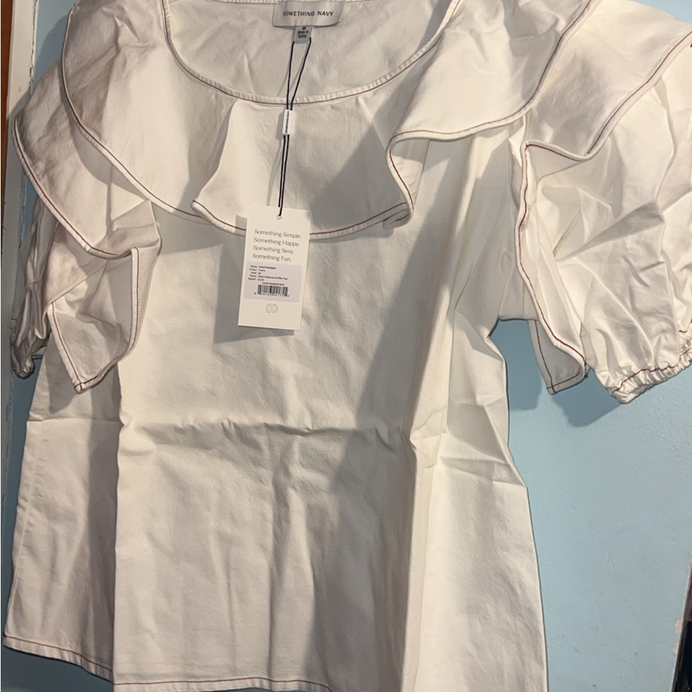 Something Navy White Ruffle Blouse